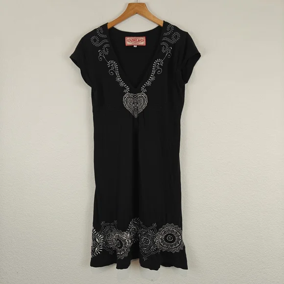Johnny Was JWLA Floral Embroidered T-shirt Dress in Black Y2K Size Medium - Picture 1 of 15